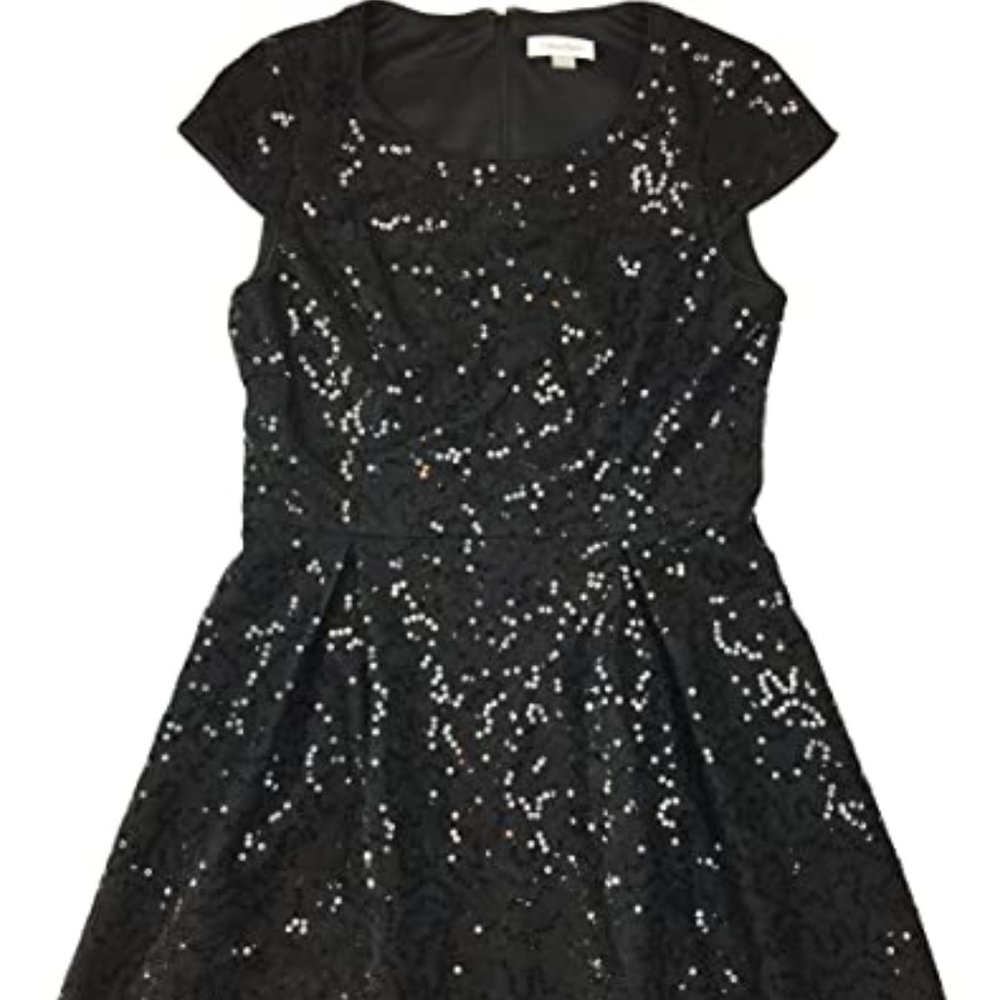Calvin Klein Womens Sequin Embellished Pleated Tea Dress Black 8